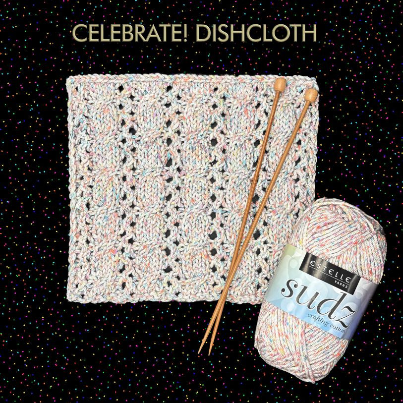 Knit dishcloth with yarn and needles on a black background