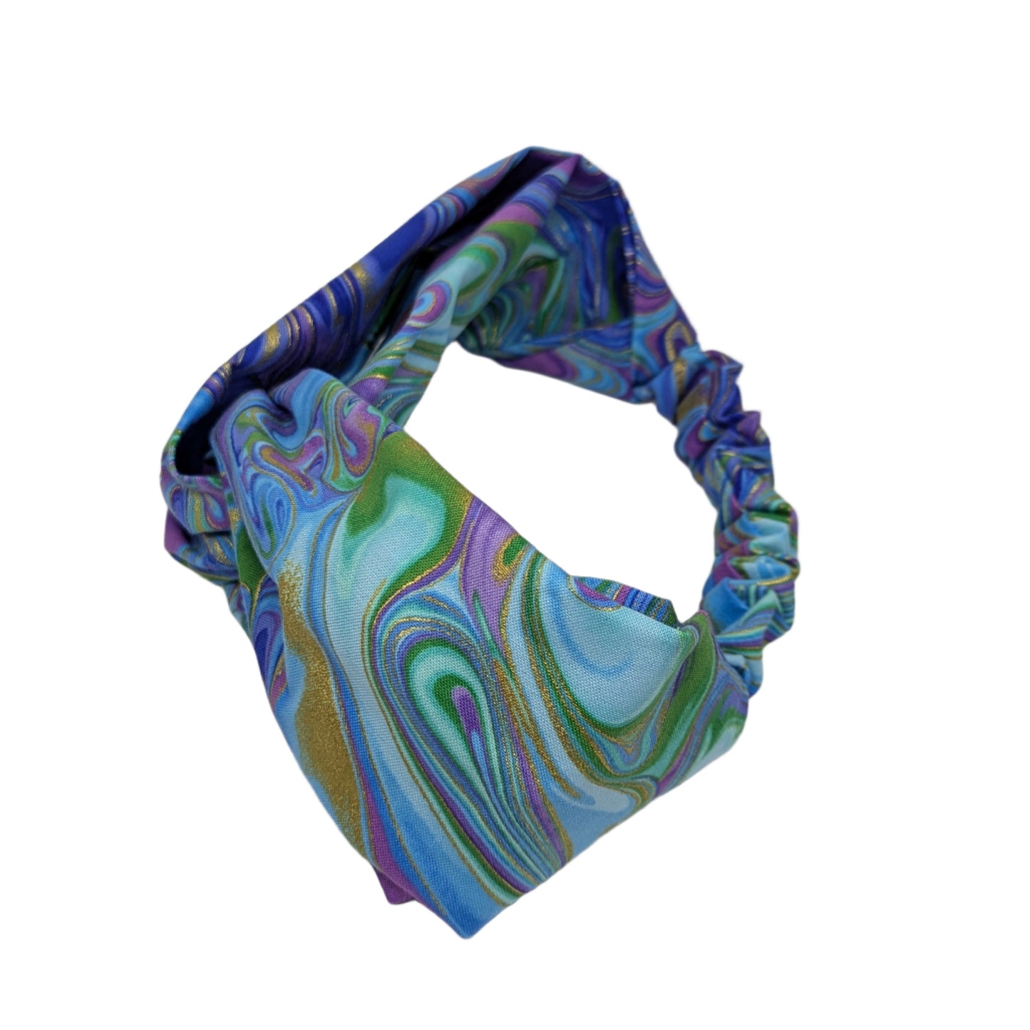 Colorful headband with a swirling pattern on a white background