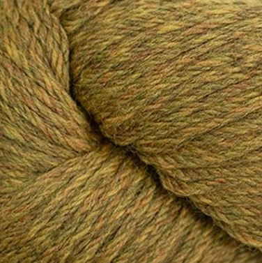 A close-up of twisted yarn in a heathered gold-brown color with mixed tan and muted green tones.