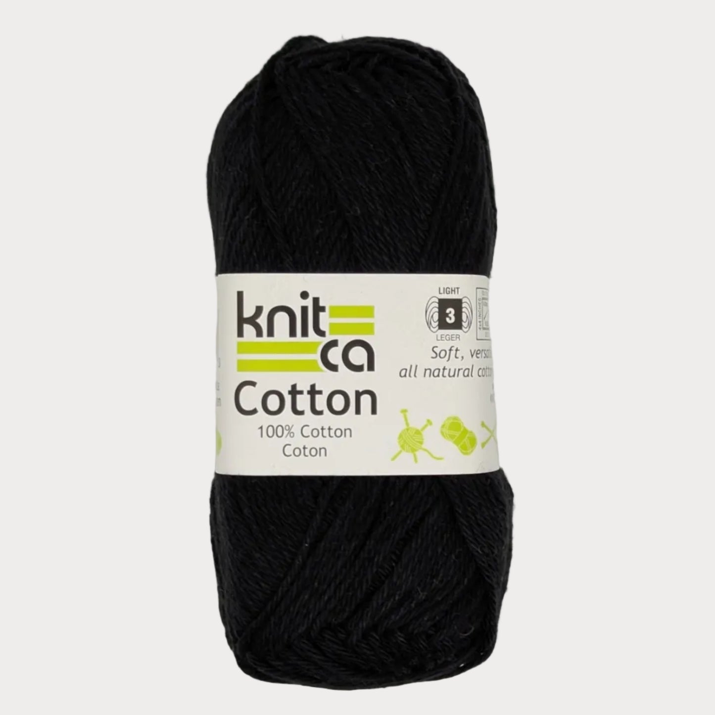 Black yarn ball with a 'Knitca' label on a light gray background