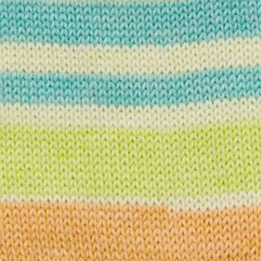 Striped sock yarn in blue, pale yellow, lime green and orange