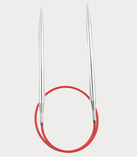 Pair of silver knitting needles with a red circular base on a white background
