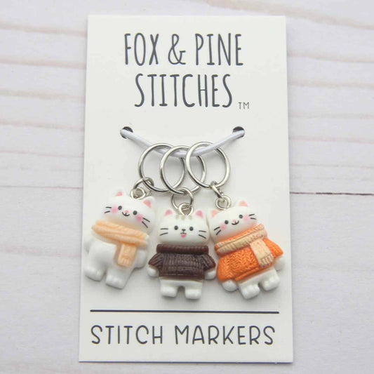 Set of stitch markers with cat designs on a 'Fox & Pine Stitches' card.