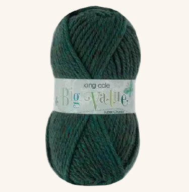 A skein of King Cackle Big Value yarn in a dark teal green color, wrapped with its white paper label, on a plain white background.