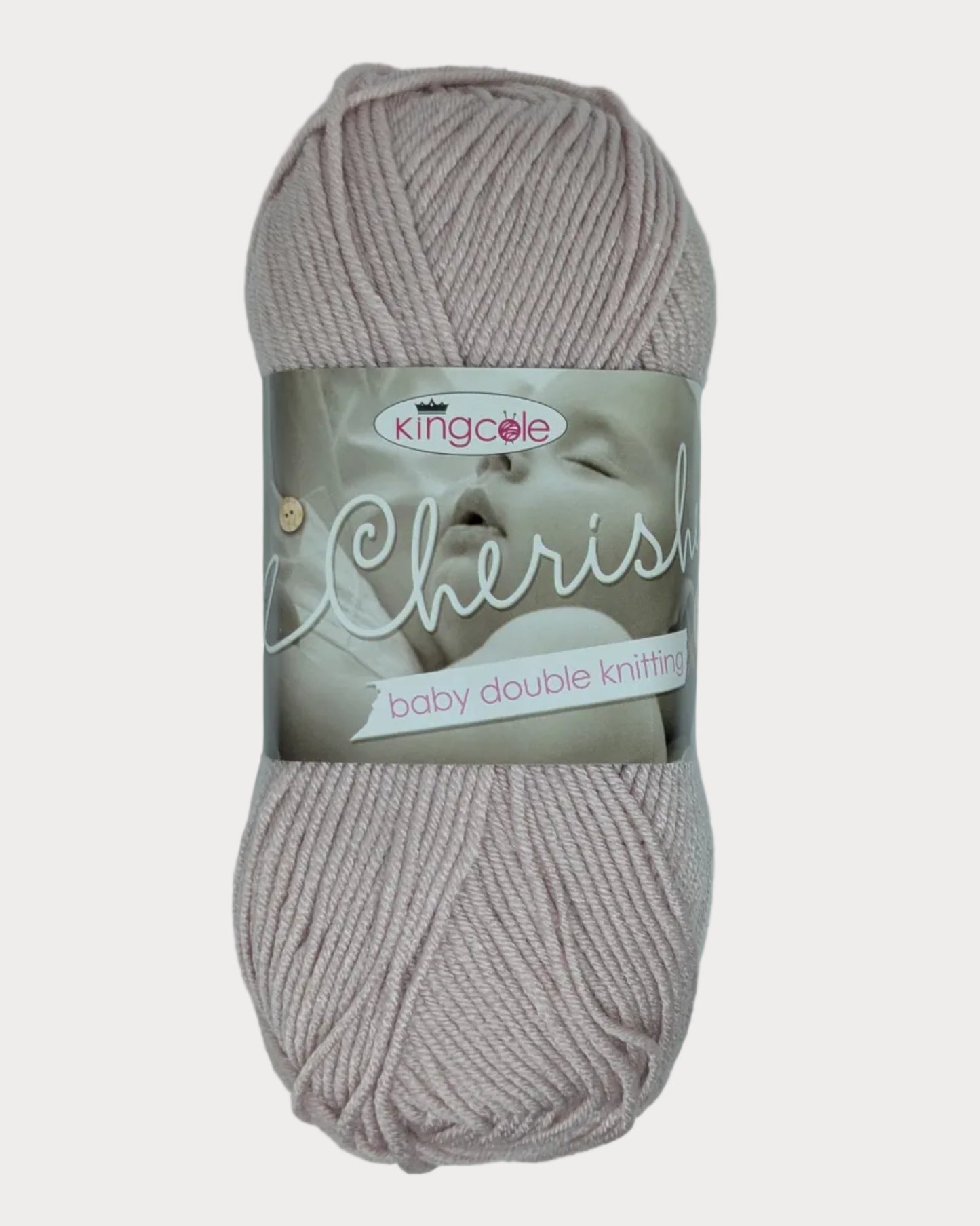 Ball of light purple yarn with a King Cole label on a light gray background