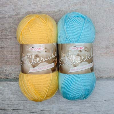 Two skeins of yarn, one yellow and one blue, on a wooden surface.