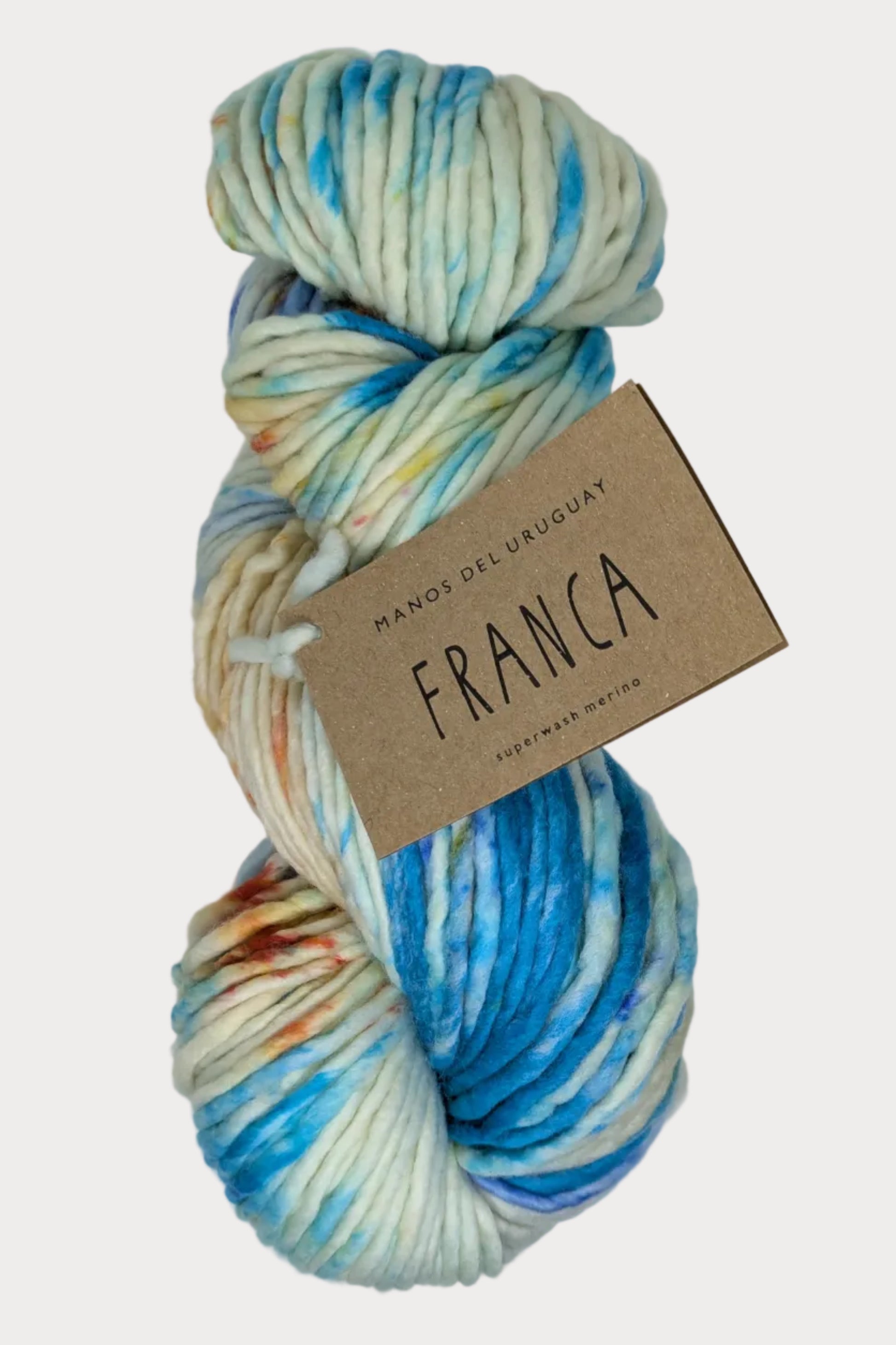 Multicolored skein of yarn with a 'Franca' label on a white background