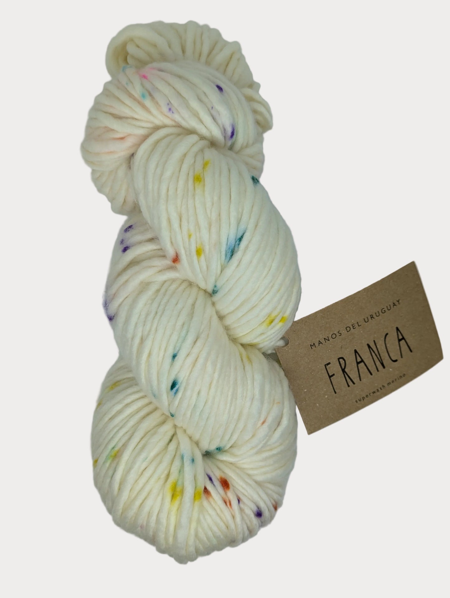 Cream-colored yarn with multicolor speckles and a 'Franca' label on a white background