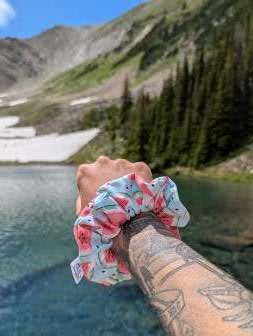 Wrist wearing watermelon scrunchie with mountain and lake background