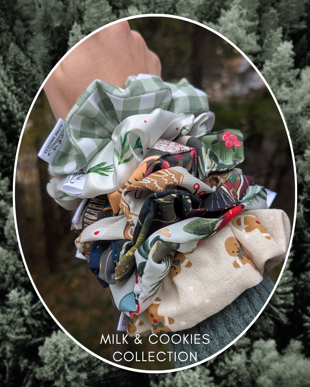 Collection of colorful scrunchies on a wrist with a forest background, labeled 'Milk & Cookies Collection'.
