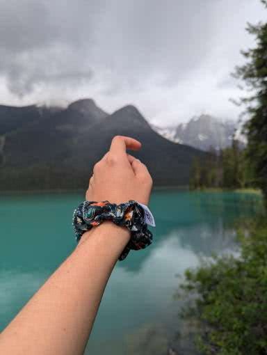 Hand wearing a patterned scrunchie with a scenic background of mountains of Emerald Lake.